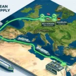 A 3D isometric map showing a nearshoring Egyptian herb export route from Alexandria to Europe.