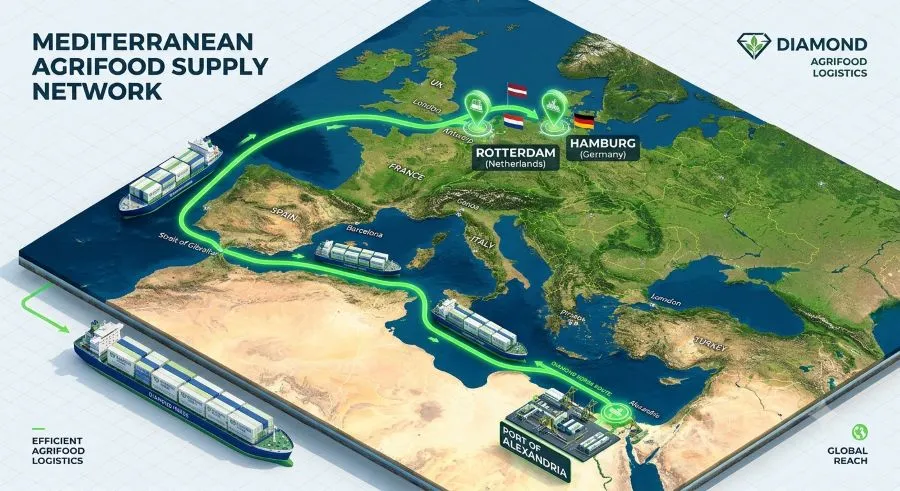 A 3D isometric map showing a nearshoring Egyptian herb export route from Alexandria to Europe.